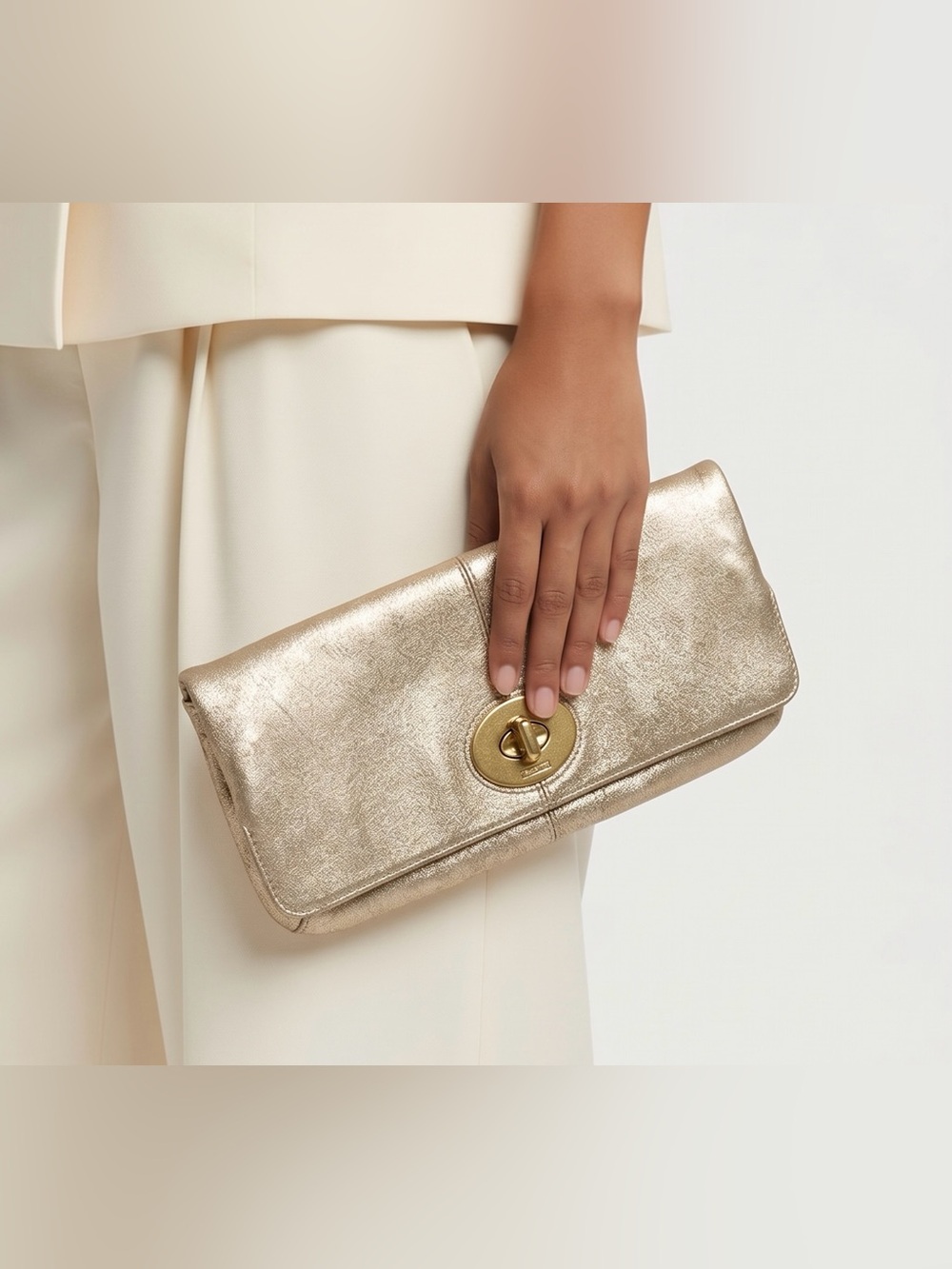 Vintage Coach Madeline Turnlock Foldover Clutch Metallic Gold Leather GUC
